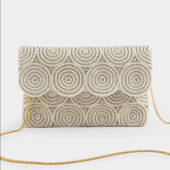 Francesca's Collections Handbags - Francescas White/Gold Beaded Crossbody Clutch